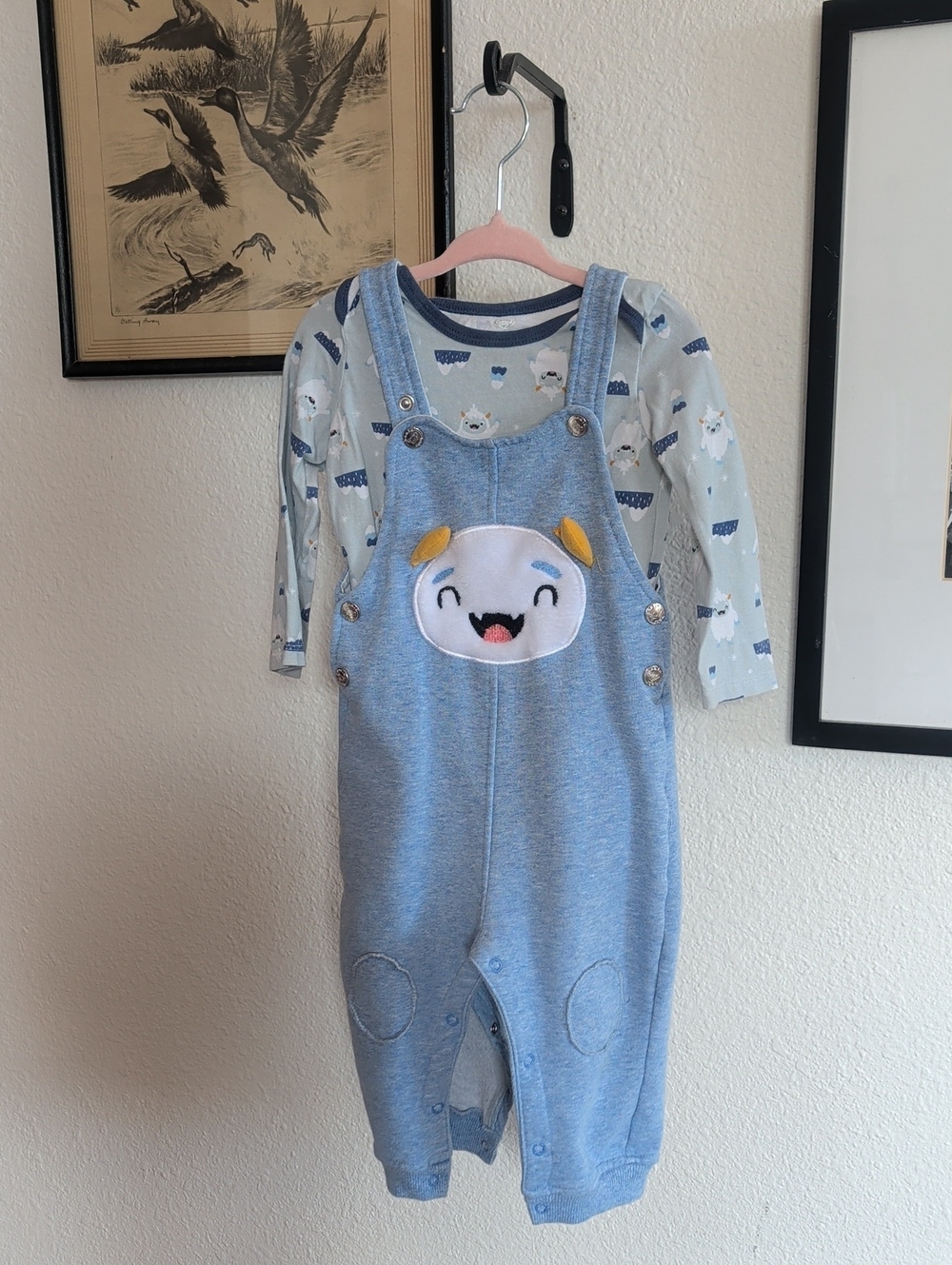Light Blue Baby Overalls with Smiling Face Applique